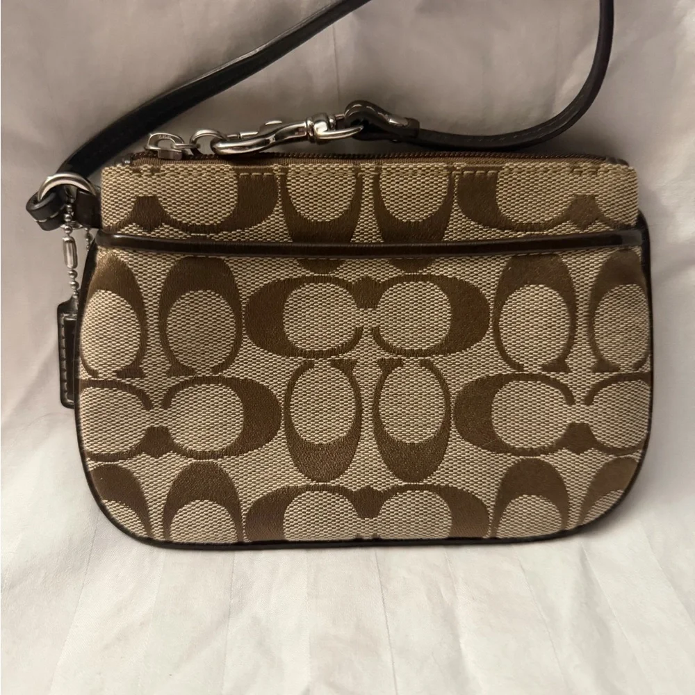 Coach Signature Mini Wrist Brown Khaki Y2K Canvas Leather Trim Zip Pouch